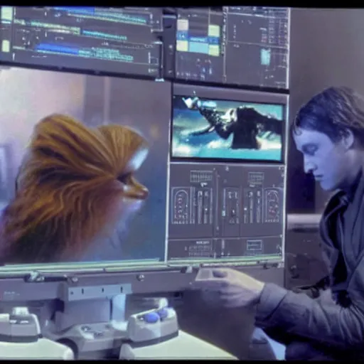 Prompt: Installing Windows 10 on a starship computer, Movie still from Star Wars