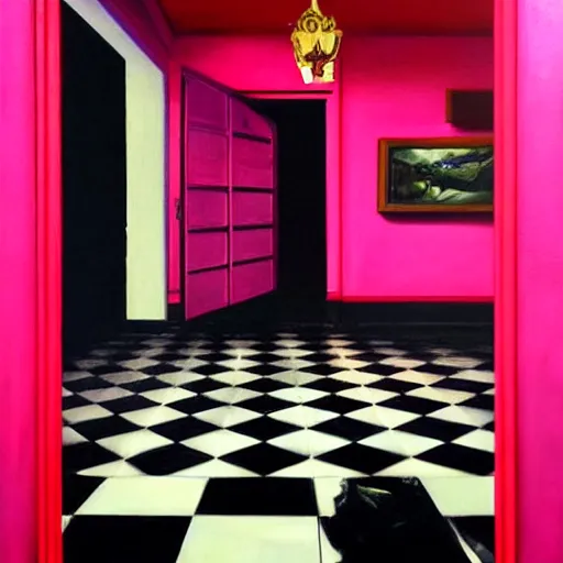 Image similar to diego dayer, alex gross, hyperrealistic surrealism, award winning masterpiece with incredible details, a surreal vaporwave painting of bright pink door leading to nowhere, mirrors everywhere, highly detailed, hallway with black and white checkered floor, intricate, elegant