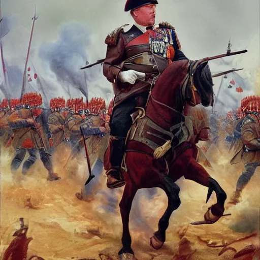 Image similar to found footage of general boris johnson leading his men into battle, glorified image, 8k, oil painting, boris johnson