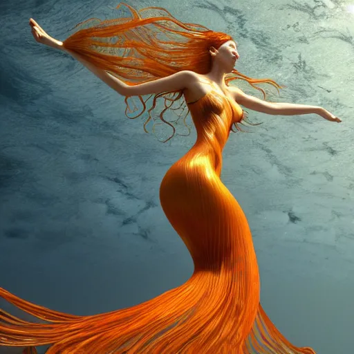 Prompt: a beautiful aquatic goddess dancer underwater with very long brown flowing hair and an orange iridescent scale mermaid dress by iris van herpen and sorayama, 8 k, cryengine, vray render, upright, reaching to the side for the light, sensitive, emotional, dramatic, dramatic pose, like lord of the rings