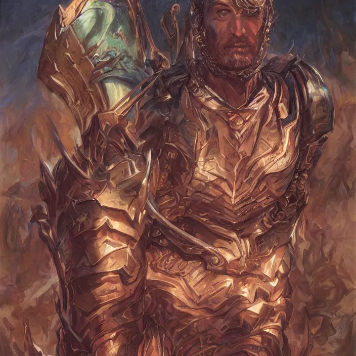 Image similar to a fantasy comic book style portrait painting of a male paladin, art by donato giancola and bayard wu and gustav moreau and wayne barlowe