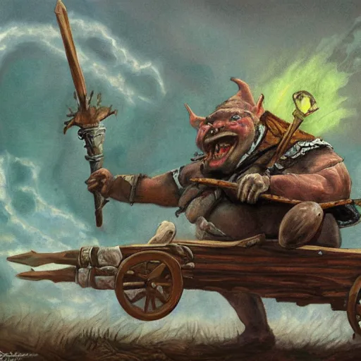 Prompt: painting of fat goblin riding in a slapdash wooden cart holding a lance, fantasy art, magic : the gathering art, by diterlizzi