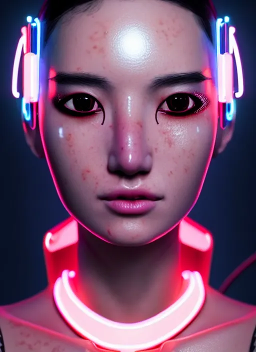 Image similar to photorealistic portrait of oriental female humanoid, freckle cheek, cyber neon lightings, highly detailed, cyberpunk high fashion, elegant, crispy quality, trending in artstation, trending in pinterest, glamor pose, no signature, no watermark, cinematic, octane render, art by artgerm, art by greg rutkowski, art by pascal blanche