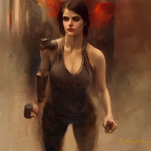 Image similar to alexandra daddario, hyperrealistic full figure, bladerunner street alley, art of elysium by frank frazetta and by jeremy mann and by alphonse mucha, fantasy art, photo realistic, dynamic lighting, artstation, full figure poster, volumetric lighting, very detailed face, 4 k, award winning