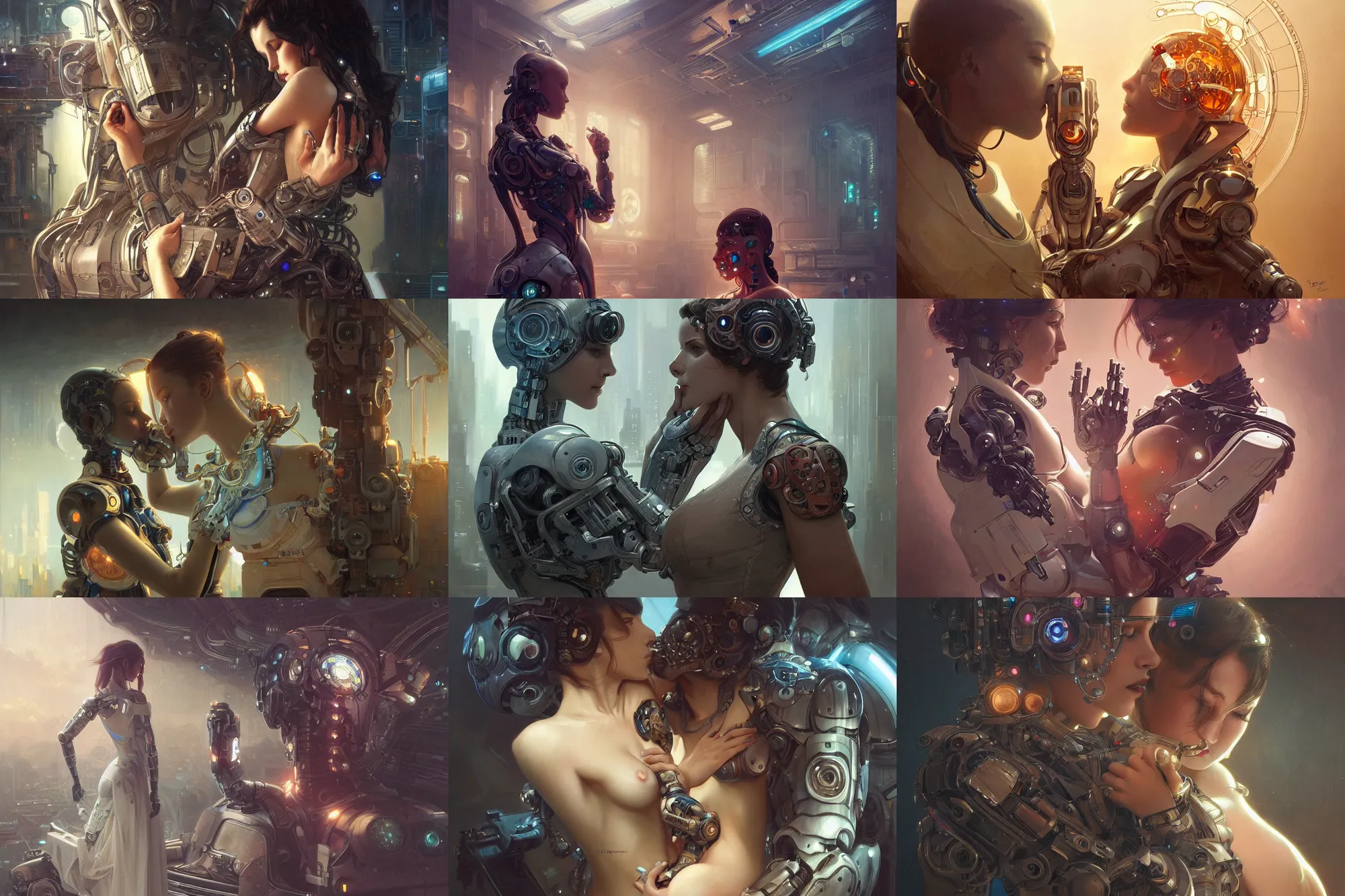 Prompt: Ultra realistic illustration, robot and woman lying kissing , cyberpunk, sci-fi, fantasy, intricate, elegant, highly detailed, digital painting, artstation, concept art, smooth, sharp focus, illustration, art by artgerm and greg rutkowski and alphonse mucha