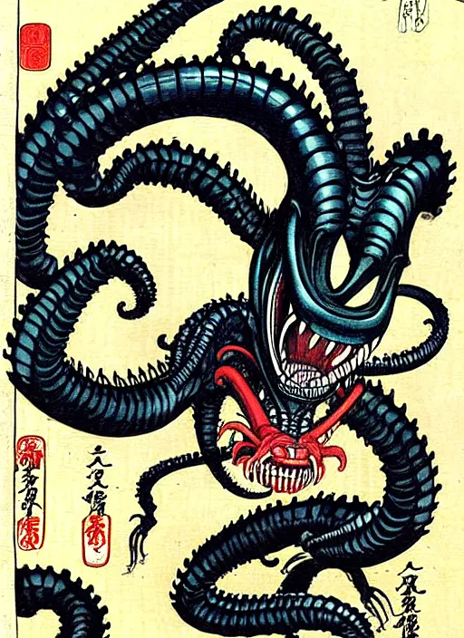 Image similar to the xenomorph as a yokai illustrated by kawanabe kyosai and toriyama sekien