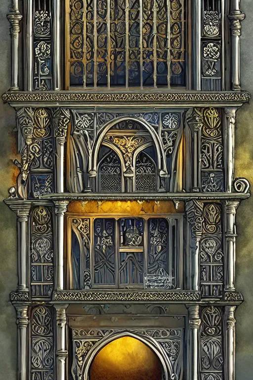 Image similar to ancient silver tower of the moon, fairytale illustration, elaborate carved wood balconies, tall windows, moorish architecture, formal gardens, dramatic cinematic lighting, beautiful moths, soft colors, golden age illustrator