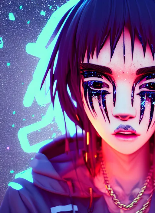 Image similar to portrait of a streetwear anime style woman wearing thick mascara, crying, a city on fire in the background, police lights shine on her face, tattoos, dark glitter, Cinestill 50d, 4k, 8k, hd, full color, octane render, trending on artstation, highly detailed