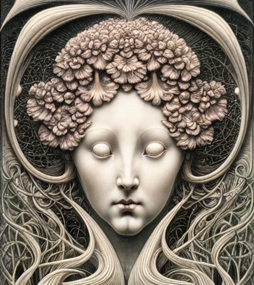 Prompt: beautiful moon goddess detailed realistic porcelain face portrait by jean delville, gustave dore, iris van herpen and marco mazzoni, art forms of nature by ernst haeckel, art nouveau, symbolist, visionary, gothic, neo - gothic, pre - raphaelite, fractal lace, intricate alien botanicals, ai biodiversity, surreality, hyperdetailed ultrasharp octane render