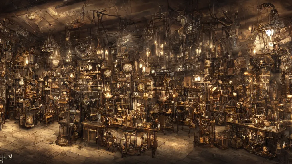 Prompt: A steampunk store, by tian gan, ultra detailed displays of weapons and clockwork machinations densely packed on shelves, volumetric lighting, wide angle, trending on patreon, artstation, deviantart. Unreal engine