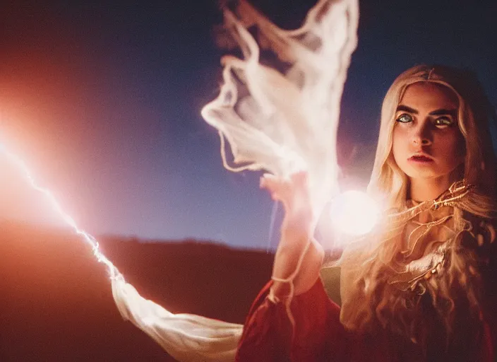 Image similar to closeup of a very good looking fantasy sorceress wearing amazing detailed clothes using her hands to create magical energy dramatically on an empty moonlit hill, dramatic lighting, lens flare, 3 5 mm f 1. 4, professional photography, kodak ektar