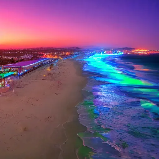 Prompt: ocean beach at night, drone footage, vaporwave style, nightglow, neon signs 8 k shot on dslr