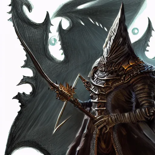 Prompt: Detailed concept art of a wizard with dragon head as a dark souls boss; fantasy