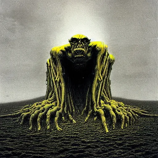 Prompt: mutated giant techno troll, by beksinski and tristan eaton, black and yellow, dark neon trimmed beautiful dystopian digital art