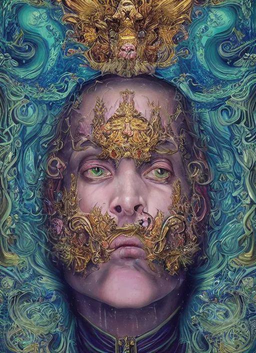 Image similar to beautiful oil painting, full length portrait of dauphinois in rococo coronation robes 1701, Dan Mumford, Dan Mumford, Alex grey, highly detailed , lsd visuals, dmt fractal patterns, hallucinogen, visionary art, psychedelic art, ornate, vaporwave, baroque, Greg rutkowski