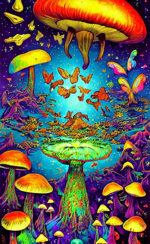 Prompt: psychedelic mushrooms, enchanted alien world, mushrooms on the ground, aliens, galaxy in the sky, butterflies, lake, occult, illuminati, third eye, rainbows, bright colors, psychedelic, fish eye lens, vector art, fantasy poster by helen huang and frank frazetta and salvador dali and norman rockwell,