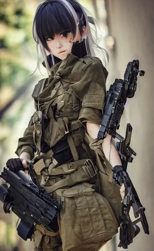 Image similar to portrait photo, highly detailed, high resolution, cosplay photo, stunning, girls frontline style, bokeh soft, 100mm, trending on instagram, by professional photographer, realistic human anatomy, real human faces, realistic military carrier, soldier clothing, modern warfare, realistic weapon, shot with a arriflex 35 ii, low saturation, small human eyes