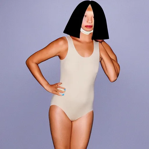 Image similar to sia furler wearing a skin colored leotard full body artistic photoshoot