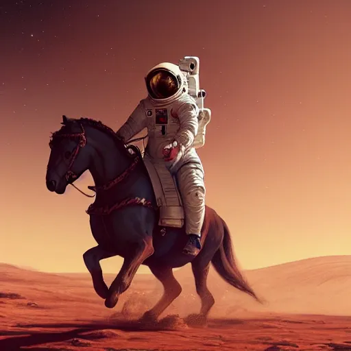 Image similar to centered portrait of the astronaut riding a horse in Mars, realistic character concept, high fantasy, light atmosphere, golden ratio, wide shot, cinematic lighting, hyperdetailed, high detailed, high resolution, insanely detailed and intricate, artstation, Marc Simonetti, Greg Rutkowski, octane render, unreal engine, 8k