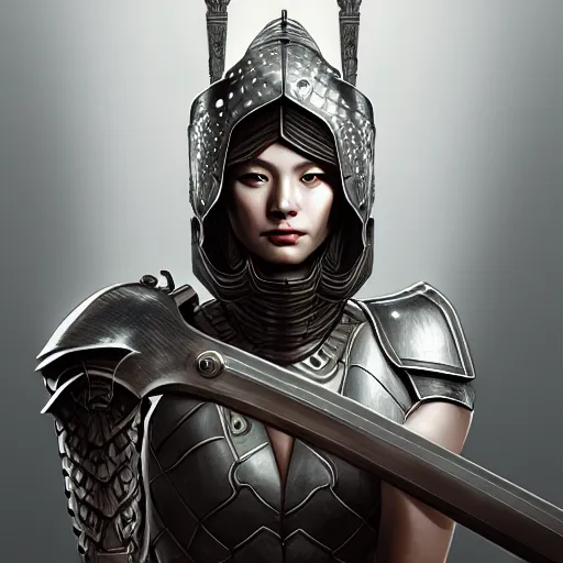 Image similar to portrait digital painting of an armored woman holding a sword by the handle. intricate, elegant, highly detailed, digital painting, artstation, concept art, smooth, sharp focus, illustration, by terry wei, qiu fang, tooth wu, kan liu, siwoo kim, jisu choe