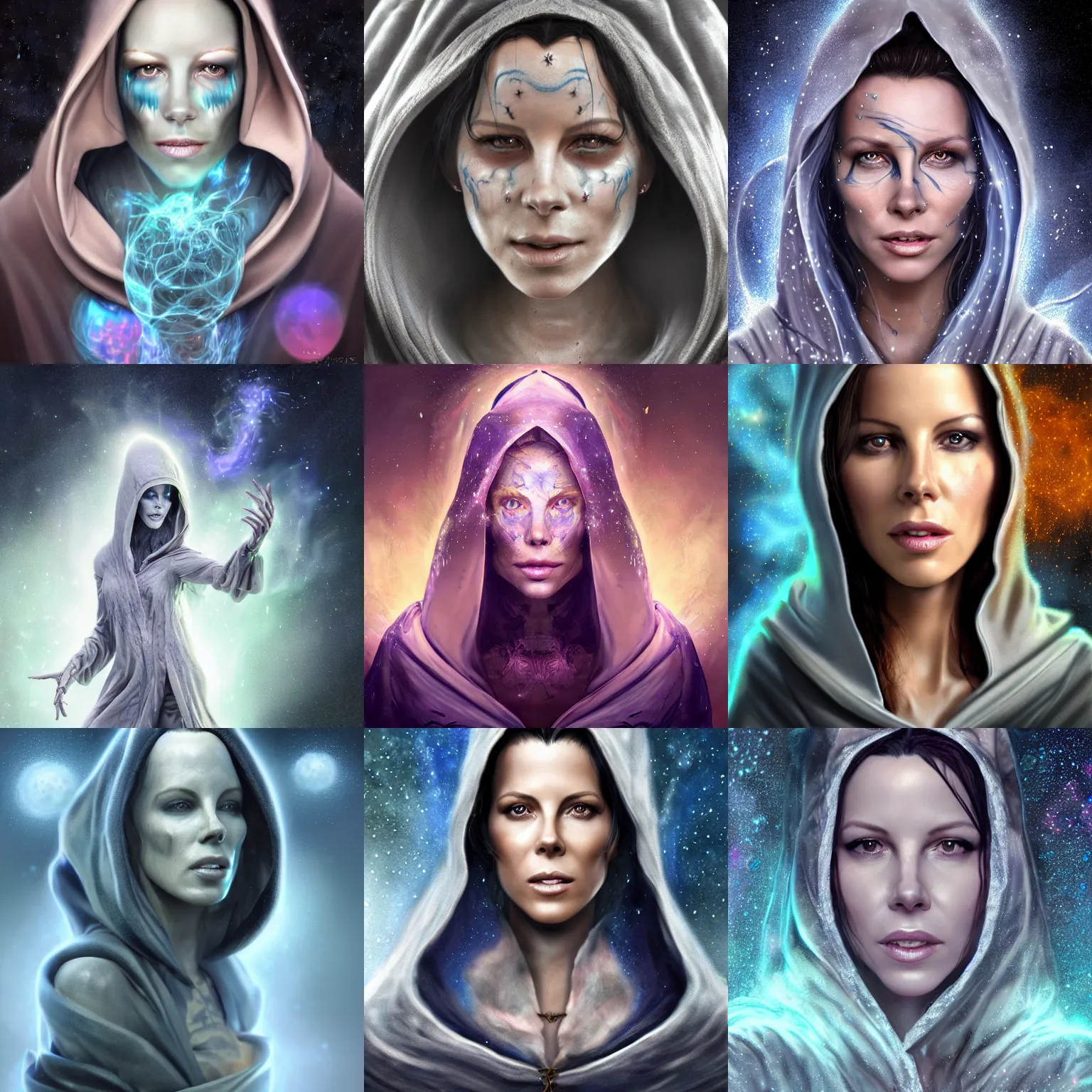 Prompt: a wlop 3 d render of very very very very highly detailed beautiful mystic portrait of a kate beckinsale ghost toxic ape hooded mage with whirling galaxy around, tattoos by anton pieck, intricate, extremely detailed, digital painting, artstation, concept art, smooth, sharp focus, illustration, intimidating lighting, incredible art,