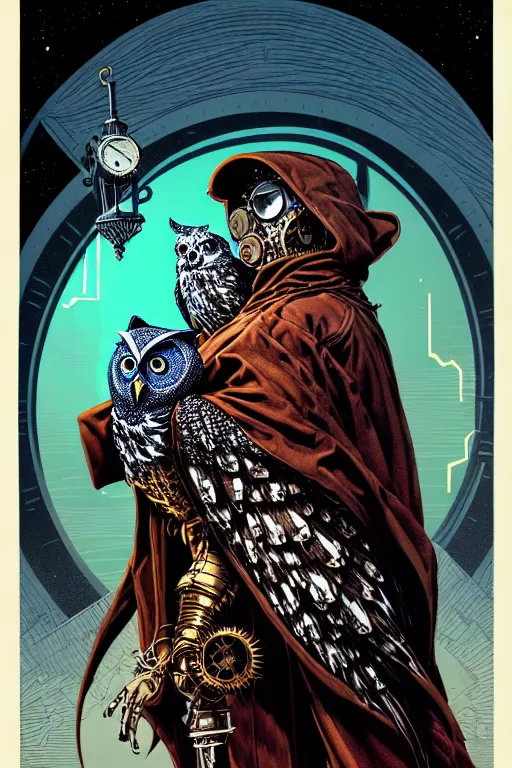 Image similar to side view of a hooded steampunk alchemist wizard holding his majestic owl on glove, high details, bold line art, by vincent di fate and joe fenton, inking, etching, screen print, masterpiece, trending on artstation, sharp, high contrast, hyper - detailed,, hd, 4 k, 8 k