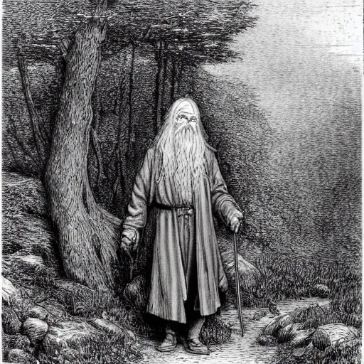 Prompt: Gandalf the grey wandering through Fanal Forest, engraving by gustave dore. Colored painting.