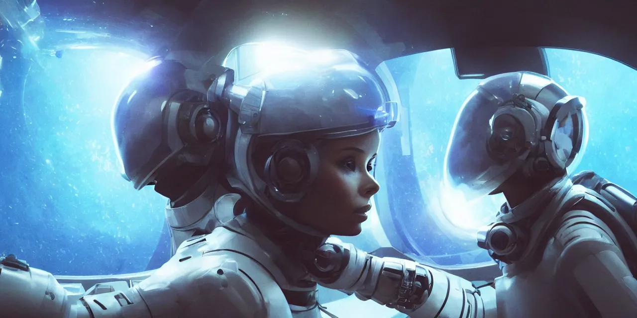 Image similar to Zoe Kravitz with short hair as a futuristic astronaut, outside large window of ship, helmet with HUD led lights, underwater in the ocean at night, dark water, volumetric lighting, glowing lights, 4k, octane, digital painting, artstation, concept art, sharp focus, illustration, high contrast, high saturation , cinematic film still, art by artgerm and greg rutkowski and alphonse mucha , wide angle view,