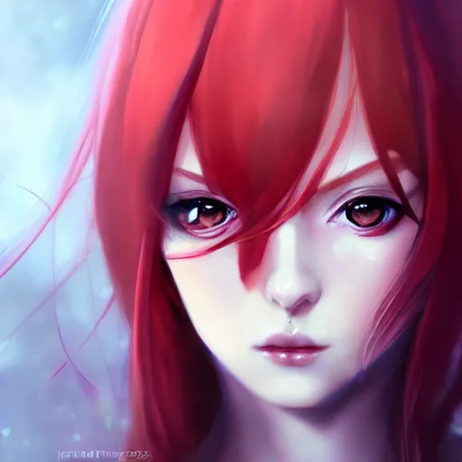 Image similar to facial portrait of a young pretty anime woman, long red hair, dark eyes, gothic eyeliner, character concept art, headshot, Charlie Bowater, Anna Dittmann, WLOP, Rumiko Takahashi, Akihiko Yoshida, Hyung-tae Kim, alexander mcqueen, trending on Artstation