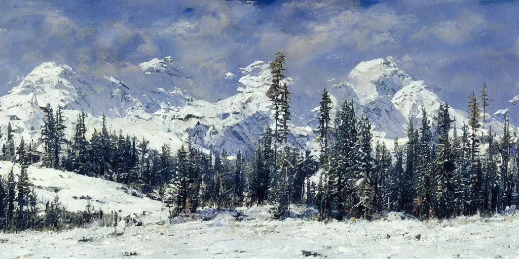 Prompt: white giant spaceship in center on tansy field at foot on snowy mountain by Fernand Khnopff by john berkey, oil painting