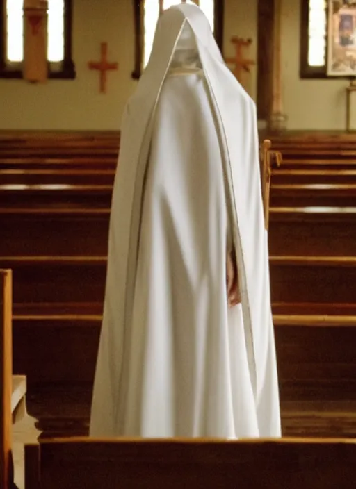 Image similar to film still of Sofia Verga dressed as a nun, revealing nun outfit, church interior, 4k