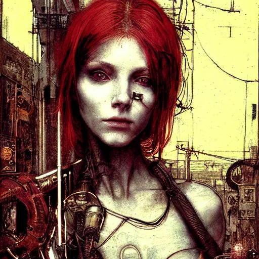 Prompt: portrait of a redhead female cyberpunk, wires cables skulls, machines, data, in the style of john william waterhouse, and michael w kaluta, brian froud gustave dore albrecht durer hieronymus bosch craig mullins ashley wood