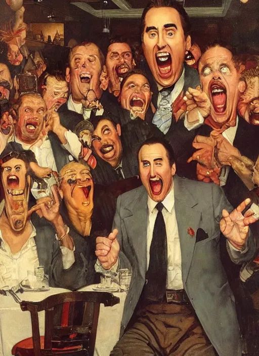 Image similar to full body and head portrait of nicholas cage screaming about crazy evil in a restaurant as everyone else looks puzzled, painted by norman rockwell and tom lovell and frank schoonover