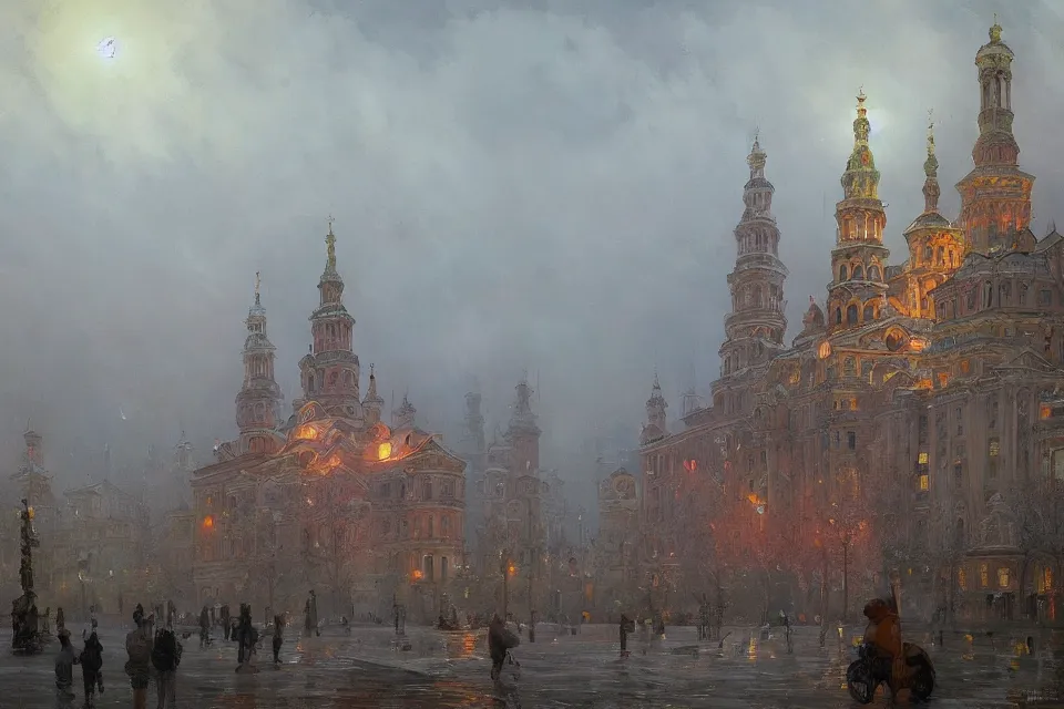 Image similar to beautiful ukranian city of odessa in mist, magic lights, magic mist, strange buildings, oil painting, painting by viktor vasnetsov, concept art, fantasy cityscape, ukrainian architecture, painting by ivan shishkin, hyperborea, high resolution, trending on artstation