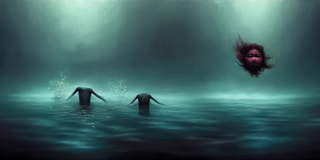 Image similar to uncanny personified emotion monsters swim towards the surface, dramatic lighting, attempting to escape to the surface and start a revolution, in a dark surreal painting by ronny khalil