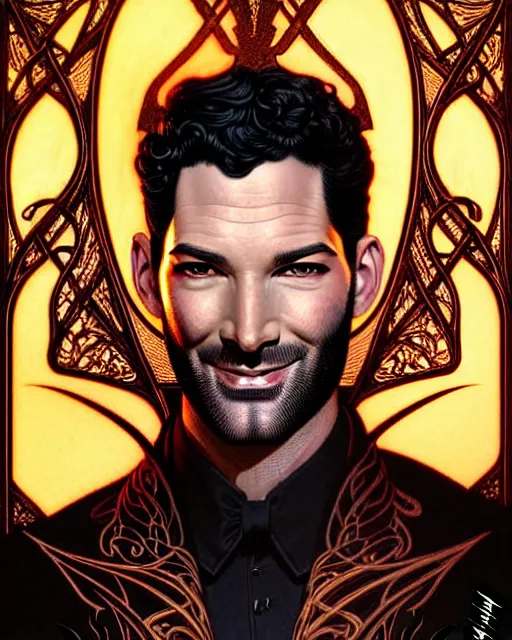 Image similar to tom ellis ( lucifer ) smiling portrait in a burning chair, art nouveau, fantasy, intricate devilish designs, elegant, highly detailed, sharp focus, art by artgerm and greg rutkowski and wlop