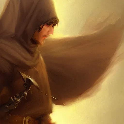 Image similar to portrait of small pale cowardly man wearing dark hood, fantasy artwork, close up, high fantasy, by karl spitzweg, sharp focus, artstation, funny situation, rpg, dnd