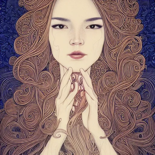 Prompt: a high resolution, 8k photographic portrait of a woman with a beautiful face and love heart swirling hair by Audrey kawasaki and James jean