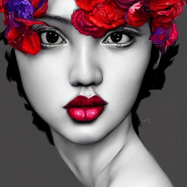 Image similar to studio portrait absurdly beautiful, elegant, graceful, young hypercolorful contrast latina gravure idol rubies and red petals, ultrafine hyperrealistic detailed face illustration by kim jung gi, irakli nadar, intricate linework, sharp focus, bright colors, matte, octopath traveler, final fantasy, unreal engine highly rendered, global illumination, radiant light, intricate environment