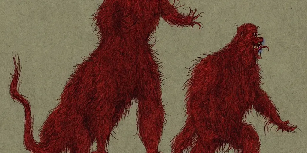 Prompt: a red hairy monster cryptid in Detroit Michigan in 1883 in the style of Ben Templesmith