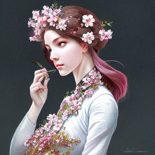 Image similar to a photograpic portrait of a anthropomorphic cherry - blossom wearing white clothes, fantasy, intricate, elegant, highly detailed, digital painting, artstation, concept art, smooth, sharp focus, illustration, art by artgerm and h r giger and alphonse mucha