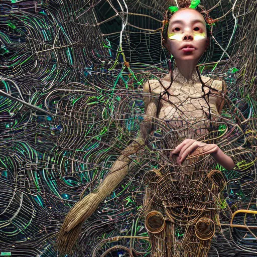 Prompt: deeper into the metaverse we go, piles of modular synth cables mixed with mangrove roots, kawaii puerto rican goddess swimming up wearing a headpiece made of circuit boards, by cameron gray, wlop, stanley kubrick, masamune, hideki anno, jamie hewlett, unique perspective, trending on artstation, 3 d render, vivid