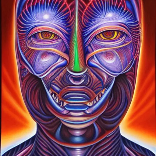 Image similar to enlightened biomechanical a. i, oil painting by alex grey