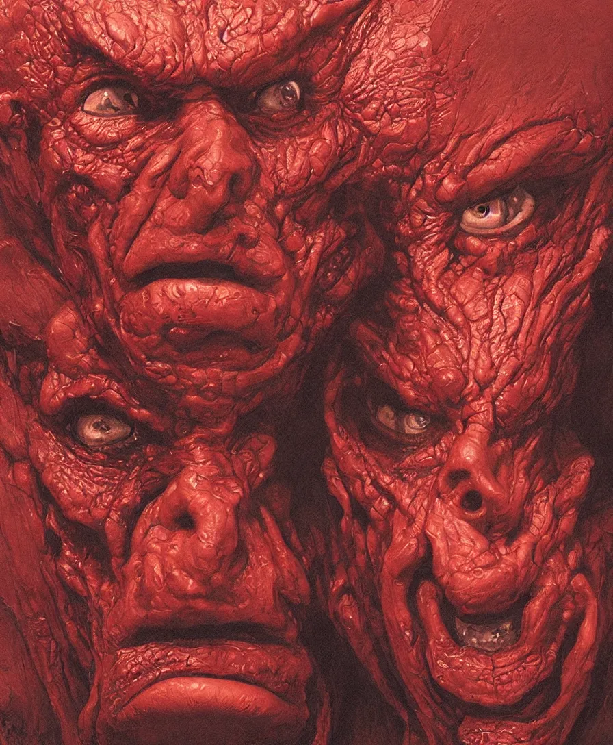Image similar to bust portrait close up red devil, illustrated by Simon Stålenhag and Gaston Bussiere, intricate, ultra detailed, photorealistic, trending on artstation