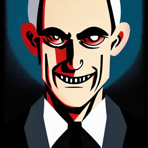 Image similar to solid glowing eyes, digital portrait of secretary of denis mcdonough face with solid glowing eyes, cover art of graphic novel, evil laugh, menacing, Machiavellian puppetmaster, villain, simple style, solid colors, clean lines, clean ink, trending on artstation