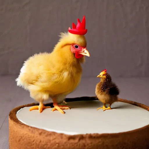 Image similar to a fluffy downed baby chick with a rooster they see a birthday cake having 3 candles