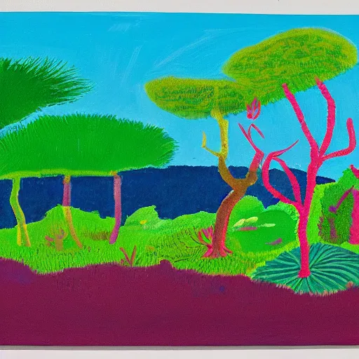 Image similar to rough acrylic painting of a lush natural scene on an alien planet by david hockney. beautiful landscape. weird vegetation. cliffs and water.