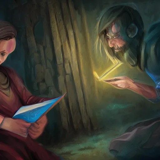 Prompt: Closeup shot of a mysterious letter being handed from one person to another, magic the gathering, digital painting, card game illustration