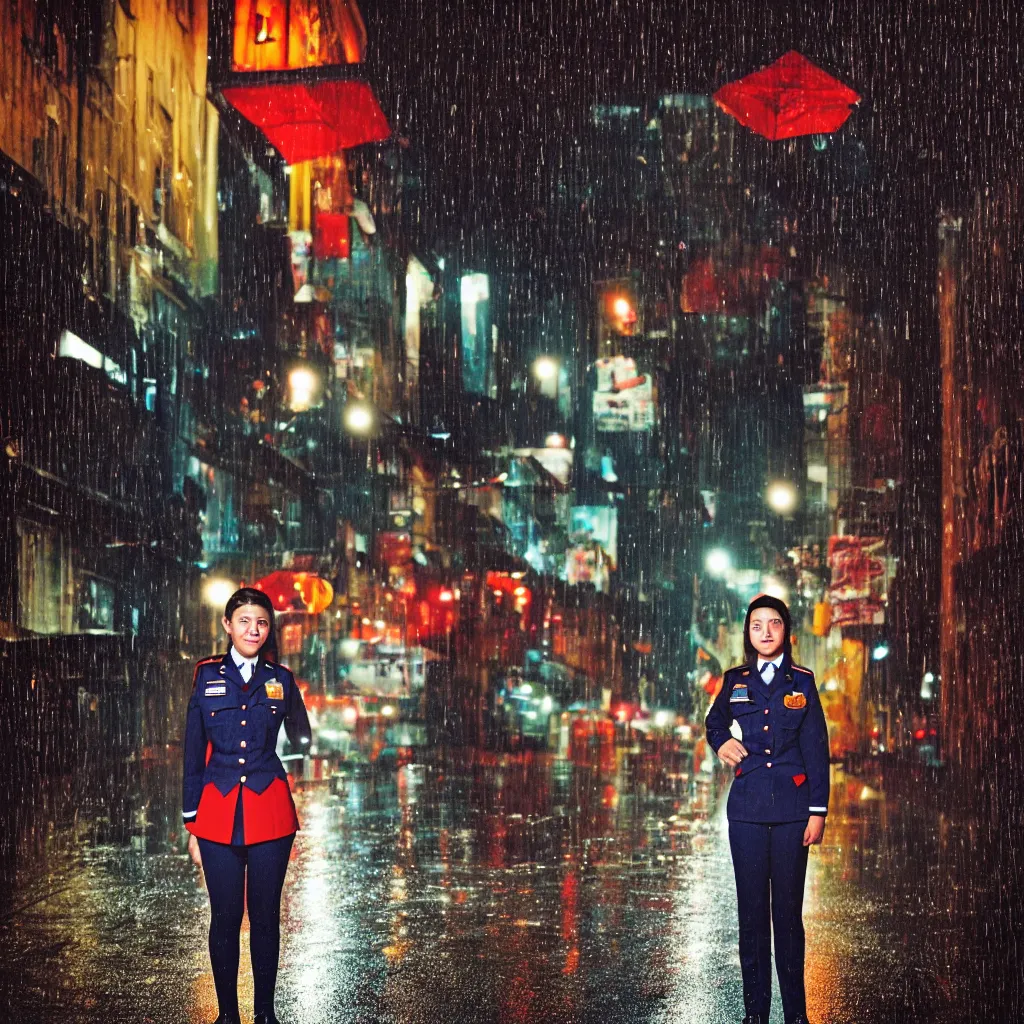 Image similar to night flash portrait photography of a high school girl in uniform on the lower east side by annie leibovitz, colorful, nighttime!, raining!