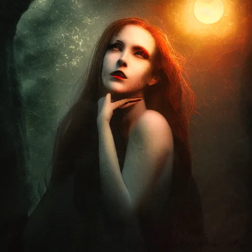 Image similar to Riveting Charismatic female vampire Pandora, portrait, atmospheric lighting, painted, intricate, Highgate cemetery, volumetric lighting, beautiful, moon light, sharp focus, ultra detailed, by Leesha Hannigan, Ross Tran, Thierry Doizon, Kai Carpenter, Ignacio Fernández Ríos